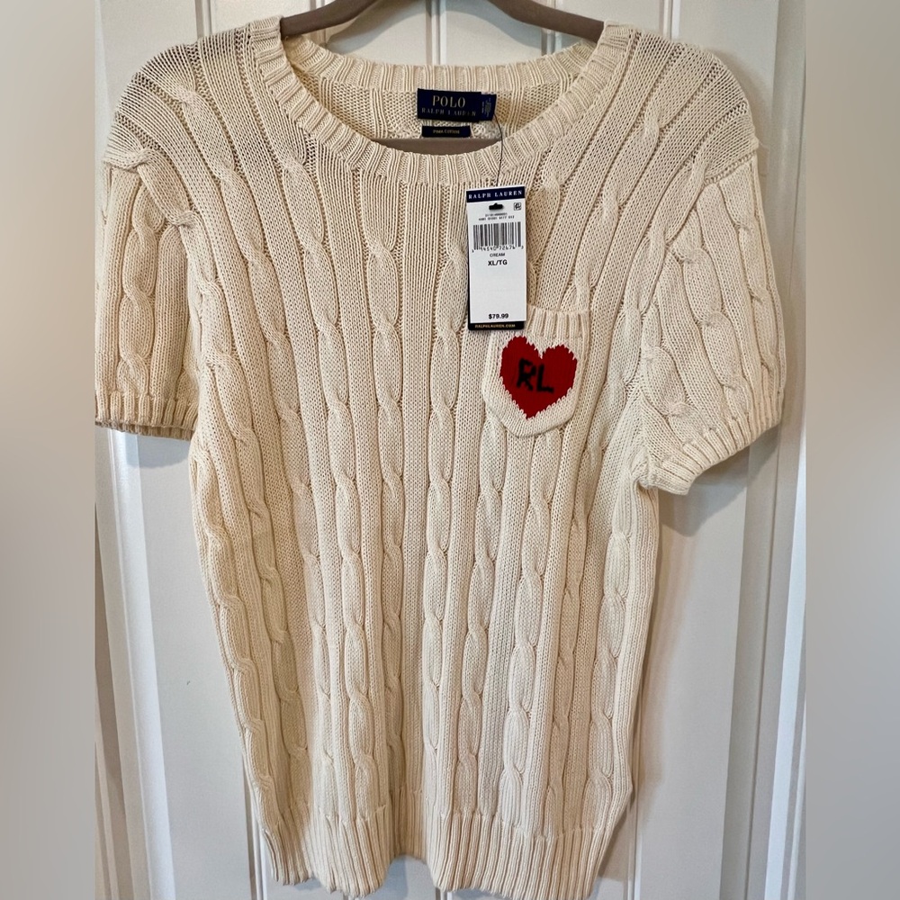 Ralph Lauren ivory cable knit sweater with heart pocket size XL NWT